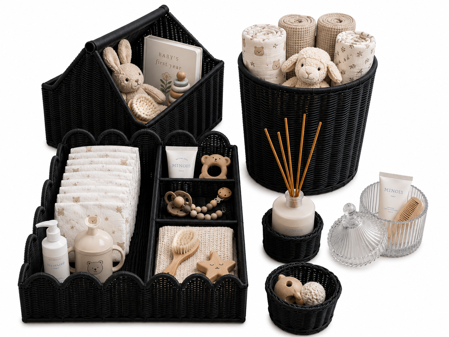 Set Pieza Baby and Kids Black + 1 porta difusor de REGALO + 1 cesta petit 1 + 1 contenedor de vidrio